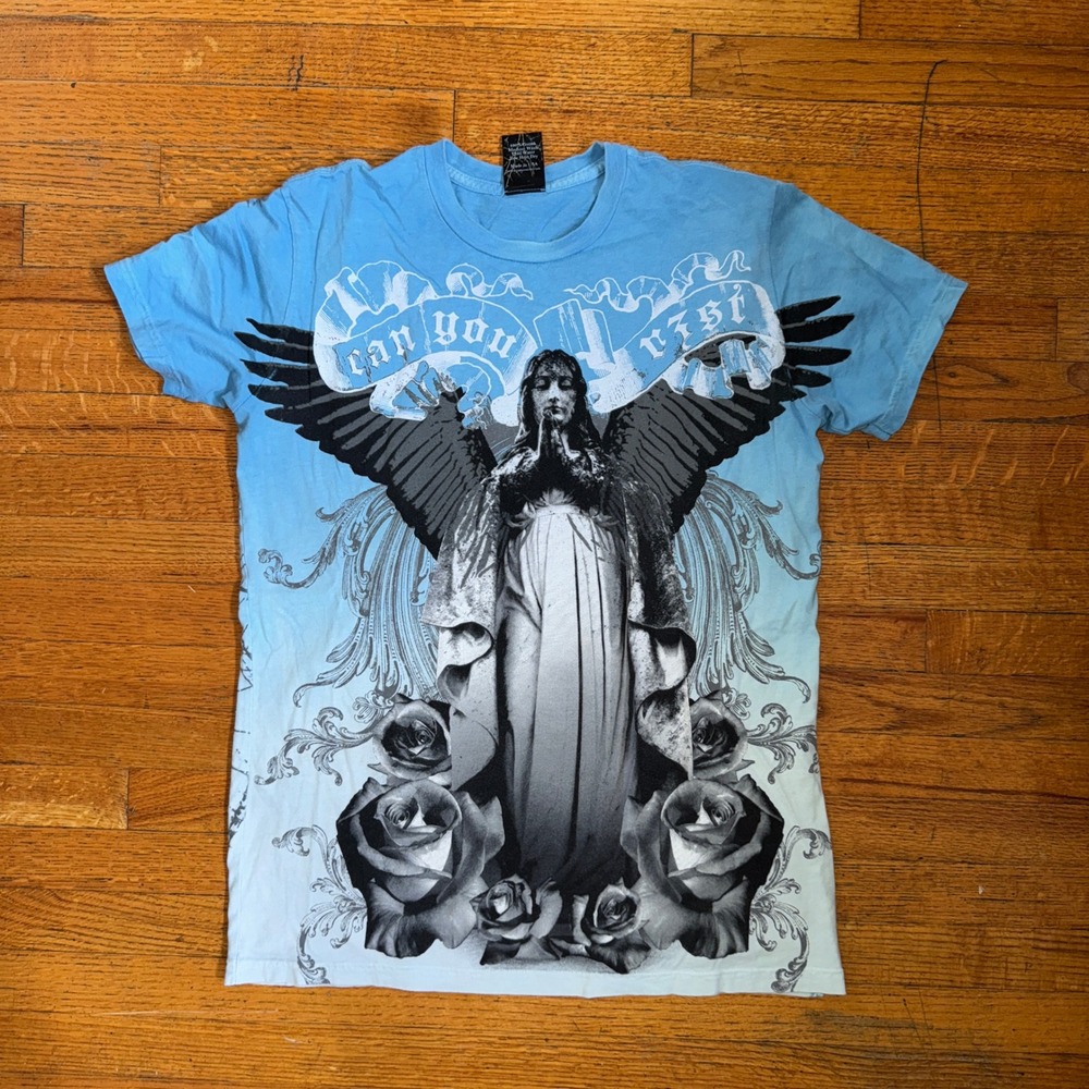 Embrace Change Men's Graphic T-Shirt‎ Angel Roses Blue Short Sleeve Cotton Small